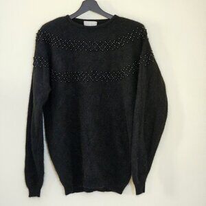 Vtg Angora Wool Blend Sweater Womens M Black LS Embellished Witchy Grandma Goth